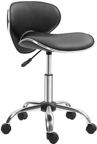 HOMCOM Tabouret à roulettes Hauteur Réglable 44-56 cm avec Dossier Noir | Tabouret de Travail, Pivotant 360°, pour Salon de Massage, Bureau, Clinique