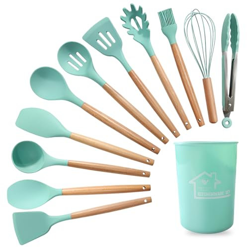 Silicone Kitchen Utensils Set, 12PCS Silicone Cooking Utensil Set Nonstick Spatula Turner Spoon Heat Resistant Kitchen Tools with Wooden Handle Storage Bucket for Home, Green