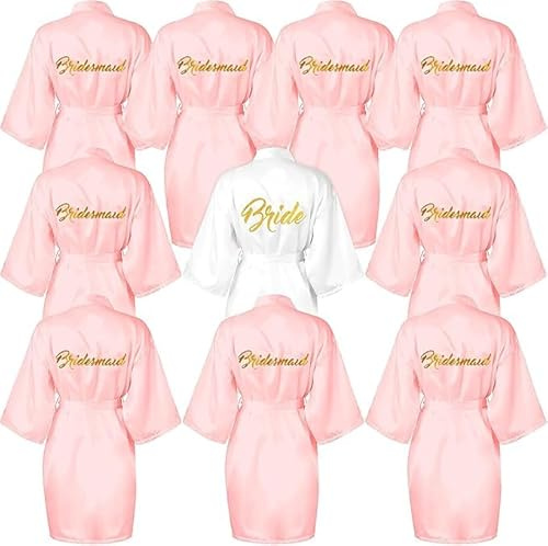 10 unidades de kimono de satén para mujer con cinturón, batas de dama de honor para bodas, fiestas, batas de día de novia, ropa de dormir para novia (rosa, blanco)