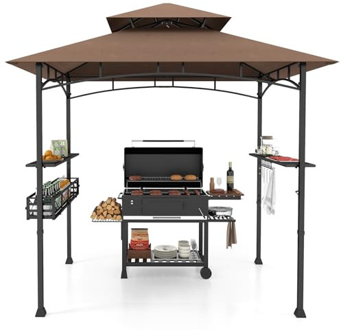 COSTWAY Tonnelle de Barbecue 242 x 153 cm avec 2 Etagères Latérales, Abri Barbecue Cadre en Métal avec Panier de Rangement Crochets de Suspension Décapsuleur Events, pour Jardin Cour (Brun)