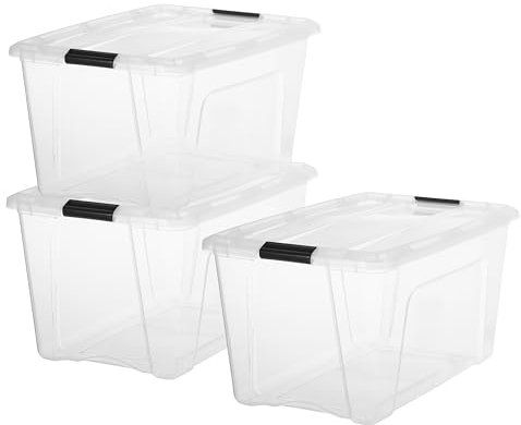 Iris Ohyama, Boite Rangement Plastique avec Couvercle, 45L, Lot de 3, Transparent, 98% en Plastique Recyclé, Clips de Fermeture, Poignée, Empilable, pour Chambre, Dressing, Bureau, Sans BPA, BSB-45