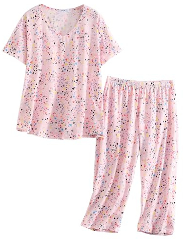 CHUNG Ensemble de pyjama pour femme à manches courtes avec haut et pantalon capri en coton mélangé, vêtements de détente imprimés floraux et animaux, tailles S-3XL, cœur rose, 44-46