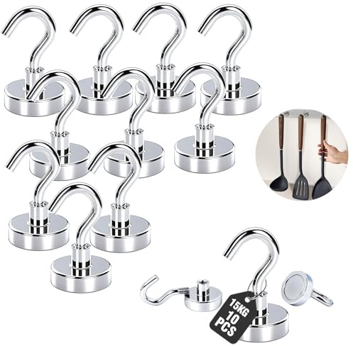 Giantzhong 10 ganci magnetici extra forti, 20 x 33 mm, ganci magnetici, 15 kg, magneti al neodimio, forti per gadget da campeggio, officina, frigorifero, cucina, bagno, rimozione senza forature