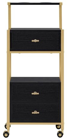M MCombo 0048 Chariot de Coiffure, Salon, avec roulettes et 3 tiroirs, Noir et doré, avec 2 étagères et 2 Porte-sèche-Cheveux, Chariot de Travail Moderne pour Salle de Bain