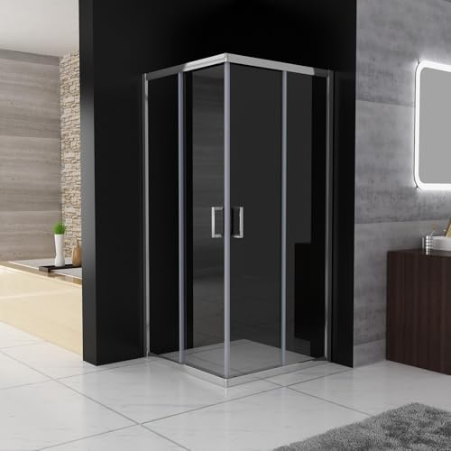 Duschkabine Eckeinstieg 100 x 100 x 185 cm mit Doppel Schiebetüren Duschwand, ESG Klar Sicherheitsglas, Silber Rahmen komplett Dusche Glas Duschabtrennung, ohne Duschtasse