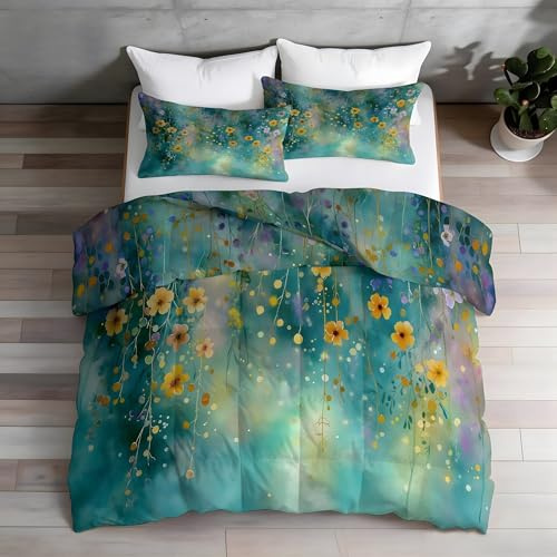 Genérico Edredón Relleno Nórdico Cama 150/180, Flores Estilo Acuarela, Edredón de Fibra 200gr/m², 260x240cm 4 Estaciones Azul Verdoso de Suave y Ligero con 2 Fundas 50x75 sm1206