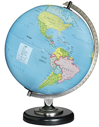 Day/Night Illuminated, Two-Way Map, 12 Diameter Globe, USA Cartography,Sturdy Metal Base and Blue Ocean Globe Ball.Provoke the imagination in new ways. The Day globe shows the striking colors of a blue ocean political map when not lit. Turn the light on and witness the incredible change to the sky at night. The Night globe names and shows 88 constellations and more than 35 of the brightest stars. This unique globe is great as night light and it features a black base and pewter plated die-cast semi-meridian.