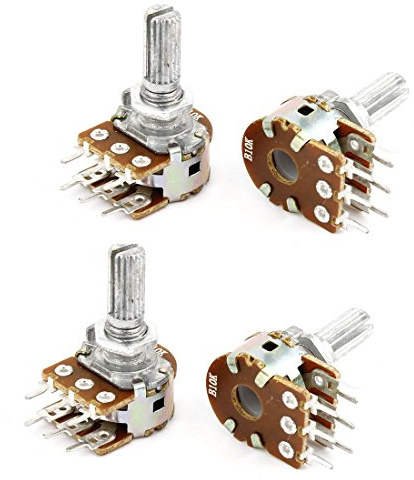sourcing map 4 pcs Potenciómetro de doble eje estriado lineal de ajuste superior de potes de 10K Ohm B10K