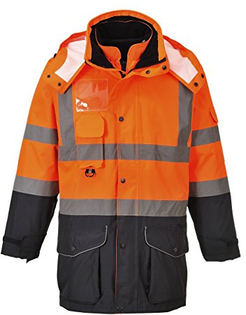 Portwest S426 Hi-Vis 7-i-1 Kontrasttrafikjacka Vattentät Andningsbar Trafik | Orange/Marinblå, 2XL, EN ISO 20471 Klass 3, EN 342, UPF 40+, Fleece-Fodrad Krage, Komfortpassform, Lång Ärm, Dubbel PU-Belagd