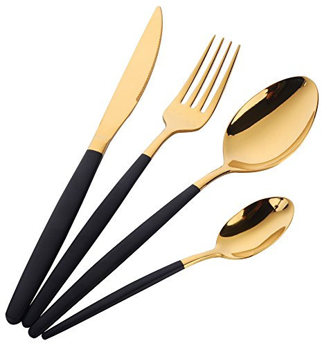 Bisda 4 pièces d'or en Acier Inoxydable Couverts avec poignée Noire de Vaisselle Service pour 1