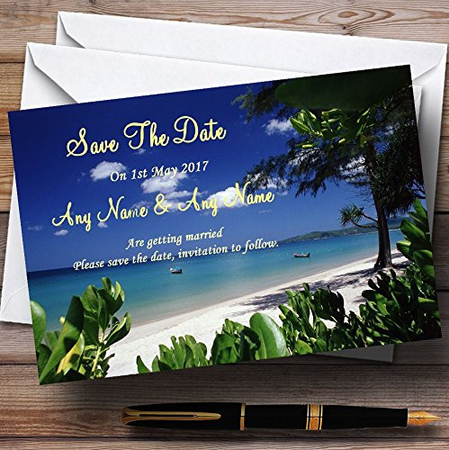 Save The Date Cards Thailand Beach Palm Tree Personalised with Envelopes - Any Custom Text for Any Occasion