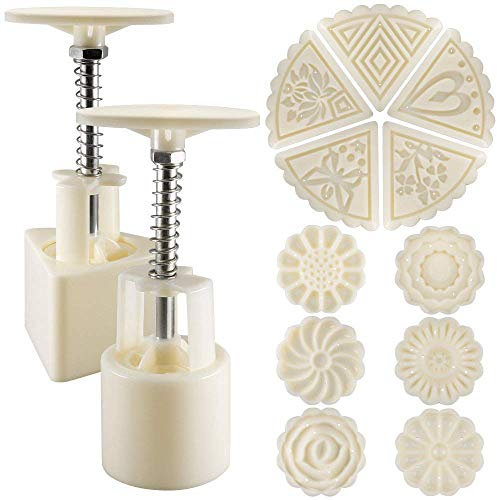 Stampo per luna per torta Mooncake, set di 2 presse per biscotti a forma di fiore e triangolo con 11 motivi, utensili per decorazione di torte e cotture, colore: bianco