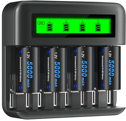 CITYORK 4 Pack Rechargeable C Batteries 5000mAh with Charger for 1.2V Ni-MH AA AAA C D Rechargeable Batteries, 8 Slots LCD Smart Battery Charger with C Cell Batteries (Included USB Cable)
