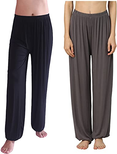 HOEREV Supermjuka Modal Spandex Haremsbyxor För Yoga Och Pilates,Svart + Mörkgrå 2 par,XL