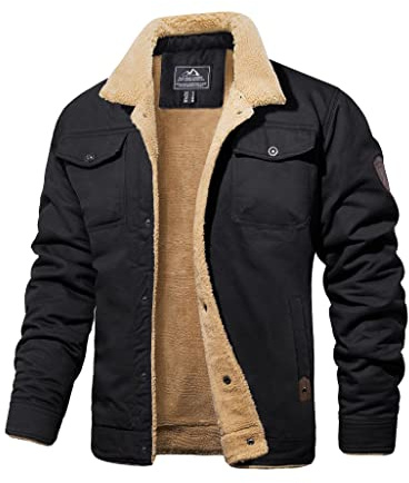 MAGCOMSEN Sherpa Jacket Mens Winter Jackets Lined Trucker Jacket Fleece Cargo Jacket Black S