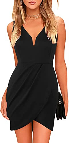 oxiuly Women's Wrap V Neck Bodycon Ruched Cocktail Party Dress Chic Church Wedding Club Pencil Dresses OX345 (Black, M)