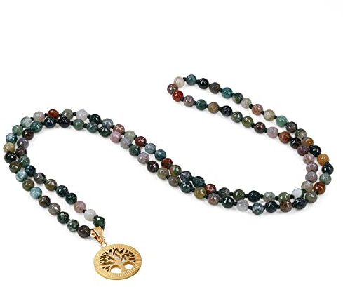 COAI Collana Mala 108 Grani di Agata Indiana Annodate a Mano con Ciondolo Albero della Vita in Acciaio Inox, Rosario Uomo Donna per Rilassamento e Meditazione