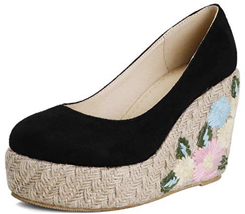 Lizoleor Espadrilles Escarpins Femme Talon Haut Compensées Plateforme Bout Rond Bride Cheville Confortable Décontractée Embroidered Noir Taille 45 EU/47CN