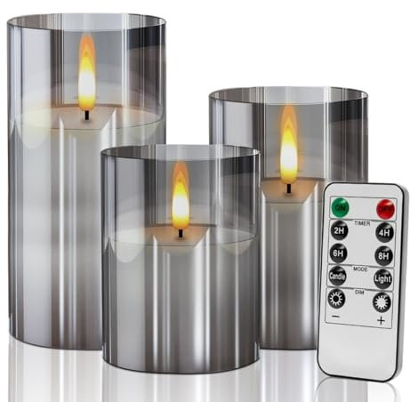 LED Kerzen mit Timerfunktion, Graue Glas 3 Stück Flammenlose Kerzen Flackern mit Fernbedienung, Realistische Warme Lichtkerze, Festival, Parteien, Hauptdekoratione