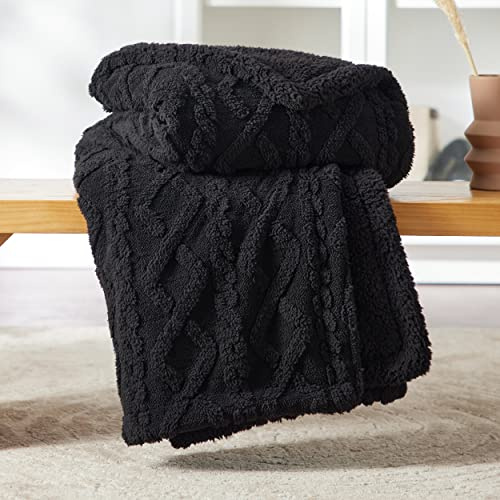 Bedsure Jacquard Sherpa Fleece Blanket - Sofa Throw, Twin, Black, 150x200cm | Sherpa and Jacquard Shaggy, Warm, Winter, Thick, Soft, Sofa, Bed, Throw, Home Decoration, Gift