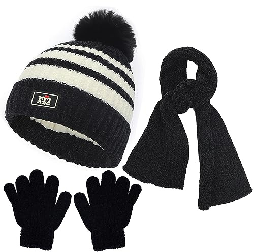 Enfants Tricotés Bonnet d'Hiver Écharpe Gants 3 en 1, Doublure Doux Pompon Bonnet Tricoté Chaud Cache-Cou Extensible Gants pour Garçons et Filles 2 à 8 Ans Ski Activité Plein Air (Noir)
