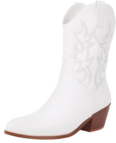 rismart Femme Western Bottes de Cowboy mi-mollet Brodée Chaussures de Cowgirl Blanc,38