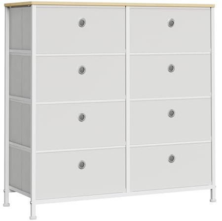 SONGMICS Kommode, Aufbewahrungseinheit mit 8 leicht zu ziehenden Stoffschubladen, Kommode, Ordnungseinheit mit Metallrahmen, Tischplatte, für Schrank, Cremeweiß und Eiche LTS024W57