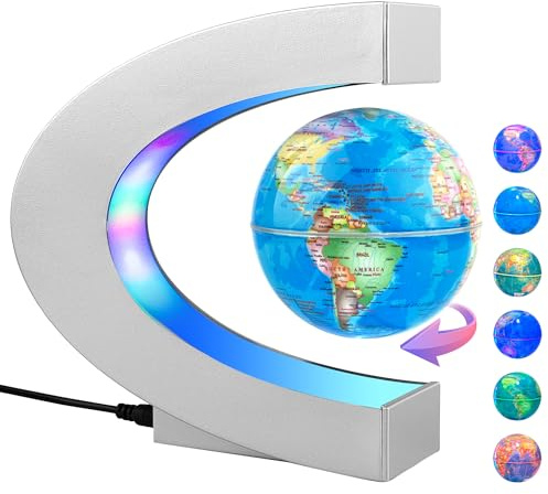 MOKOQI Magnetic Levitating Globe with LED Light, Cool Tech Gift for Men Father Boys and Girls, Birthday Gifts for Kids, Floating Globes World Desk Gadget Decor in Office Home Display (Silver)