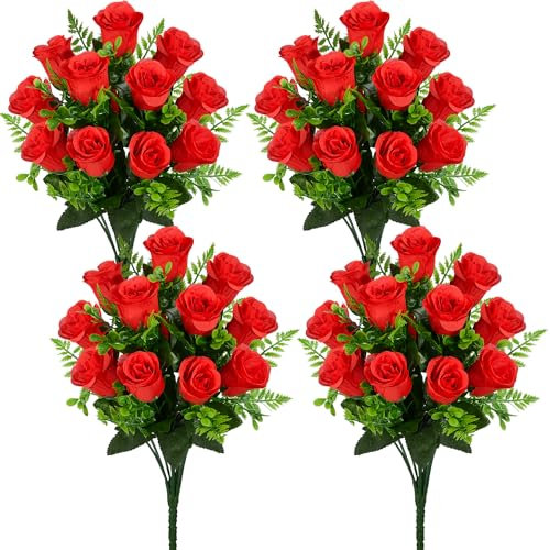SIFOEL Ramo de Flores de Rosa Artificial Realista Rosa de Seda Flores Falsas para Boda casa centros de Mesa Fiesta Cementerio Tumba decoración (4, Rojo)