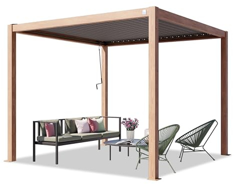 PRIMEYARD Pérgola 3x3 m Postes de Aluminio Aspecto de Madera con Techo de Lamas de Acero pabellón de jardín