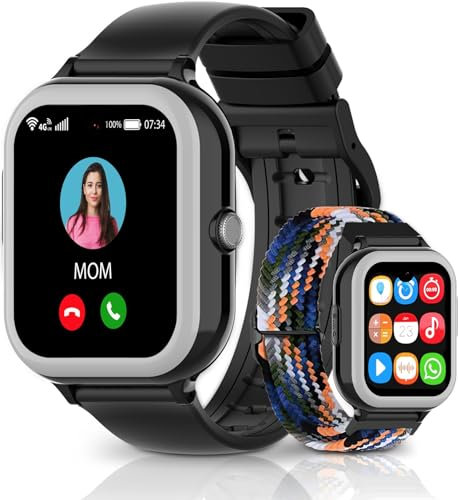noun-home Montre Connectée AMOLED Enfant 4G GPS SMS Whatsapp Appel Vidéo pour Garçon Fille 7-13 Ans Smartwatch Tendance Podometre Bracelet GPS Enfant Contrôle Parental (NH6, Black - Forest Camo)