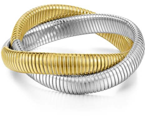 Emibele Twisted Bangle Bracelets for Women, Chunky Stainless Steel Non Tarnish 18K Gold Plated Bracelet Stack, Flexible Stretch Wide Wristband Bangle 2 Layers Mixed Metal Snake Chain Bracelet, Gold & Silver