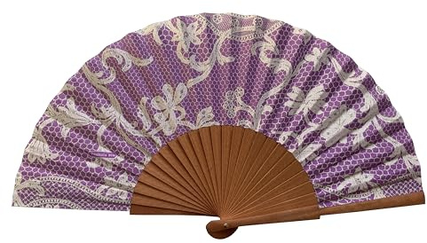 Tusitala Barcelona Ventaglio Spagnolo Bolillo Malva - Legno e cotone - 23 cm - Custodia in yute natural - Accessorio Moda - Fatto a Mano in Spagna - Eventi e Regali - Collezione Tradizione