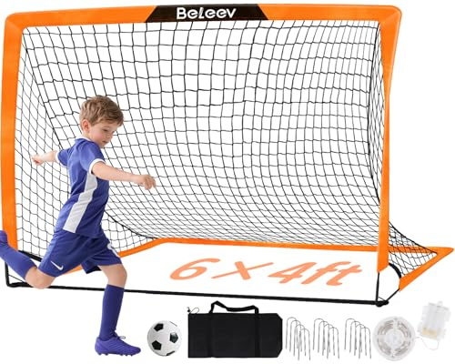 BELEEV 6x4 ft Kids Football Goal for Garden, Portable Toddler Pop Up Goals with LED Lights, Carry Bag, FootballGoal Net for Kid Youth Indoor Outdoor Training Game Practice Sport