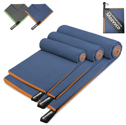 Mozvvco Lot de 3 Serviette Microfibre,180x80cm Serviette de Sport Absorbante+100x50cm Serviettes à Séchage Rapide+80x40cm Grande Serviettes de Plage pour Le Piscine,Voyage(Bleu Marine+Orange)