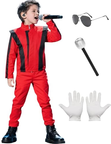 HarnyLoom Costume da Re del Pop Uomo Bambini, Costumi Anni 80 Giacca Rossa Musicista Rap Retro Con Guanti Occhiali da Sole Halloween Cosplay (Bambino, L)