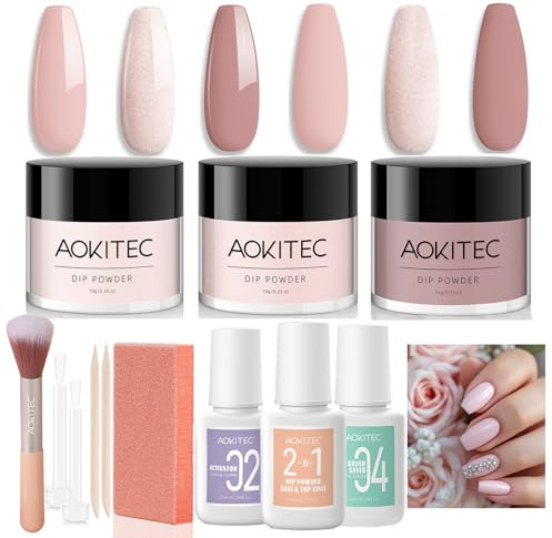 Aokitec Lot de 12 poudres de trempage pour ongles, kit de démarrage 3 couleurs rose clair nude rose pâle, avec 3 liquides de trempage, kit d'ongles acrylique pour nail art