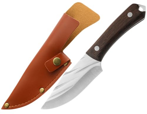 Angoily Cuchillo Carnicero Forjado Con Funda De Cuero - Cuchillo De Carne Para Barbacoa Y Camping - Hoja De Acero Inoxidable Con Textura Antiadherente Para Deshuesar, Picar Y Asados