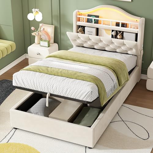 Ojjxh 3ft Single Upholstered Bed Frame with LED & Charging Station, Modern 90x190 Bed Frame with Pocket, Hydraulic Storage & Concealed Function Headboard and Slatted Frame, Velvet, No Mattress (Beige)