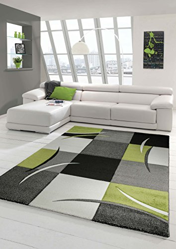 Designer Teppich Moderner Wohnzimmer Kurzflor Mit Konturenschnitt Karo Muster Grün Grau Creme Schwarz Größe 120x170 cm