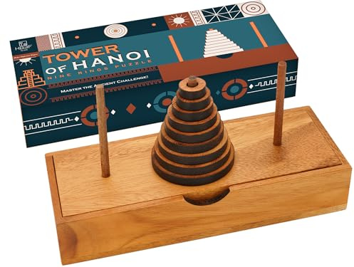 BSIRI Fun Puzzle Board Games Gifts of Hanoi Tower (9 Rings) with Wooden Designs for Brain Teasers Logic Games Kids and Adults to Challenges Mastermind Game and Think for Fun Learning Tower Puzzles