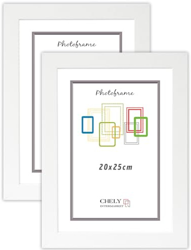 CHELY INTERMARKET MOD204 Marco Fotos Decorativo Estilo Clásico Blanco 20x25cm Pack2Uds Madera MDF con Cristal Real Diseño Montaje Vertical Horizontal Ideal Diplomas Certificados Fotografías