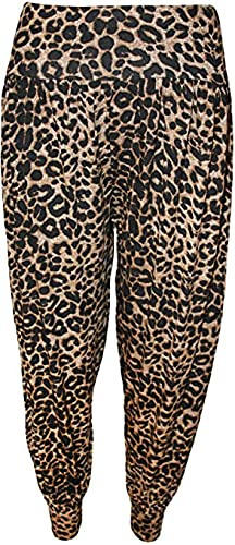 R&N FASHIONS Women's Plus Size Harem Pants – Printed Loose Fit Trousers for Yoga, Lounge & Travel – Soft Viscose Elastic Waist Pull-On Style (Brown Leopard, 16)