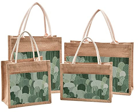 Mnsruu Green Cactus Plant Jute Tote Bags Women Grocery Shopping Bags with Handles for Outdoor Travel 12.6 x 16.9 x 7.1 inches