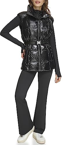 DKNY Damen Performance Puffer Weste Gürtel Wet Sire, Schwarz, Mittel