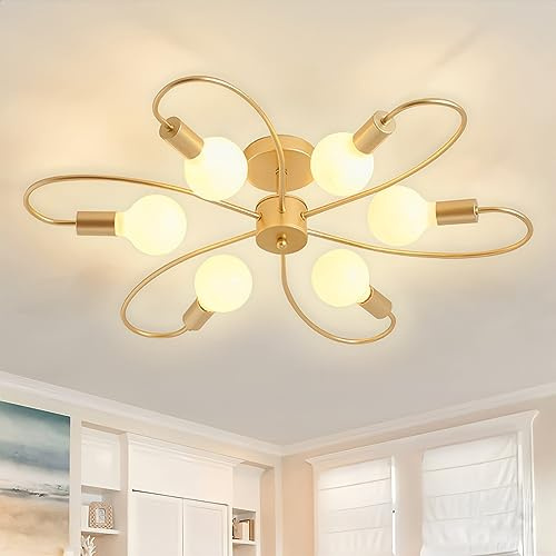 Lámpara de Techo Industrial Lámpara de Araña Sputnik de 6 Luces Vintage Plafón de Techo de Metal E27 Luz de Dormitorio Moderna para Salon Habitacion Sala de Estar Comedor Cocina Iluminación (Dorado)