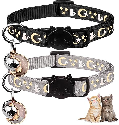 Baeuppit 2PCS Breakaway Cat Collars with Bell Cute Kitty Glow in The Dark Adjustable Kitten Collars(Grey&Black)