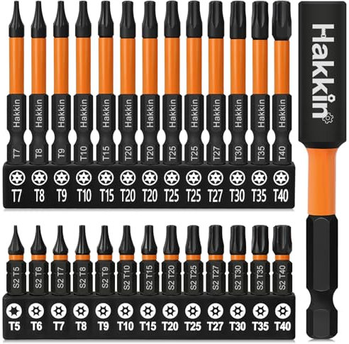 Torx Bit Set Hakkin 27Pcs Torx Screwdriver Sets S2 Steel Tamper Proof Torx Bits 1/4” Hex Shank 25mm 60mm Magnetic Star Security Bits with 75mm Bit Extension Holder for Screwdriver, Impact Drill T5-T40