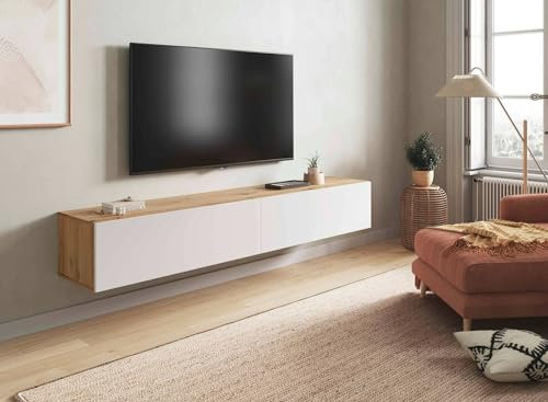 Dmora Mobile Porta TV Vincennes, Porta TV a 2 Ante, Mobile sospeso Soggiorno, 180x35h28 cm, Rovere Nodi e Bianco