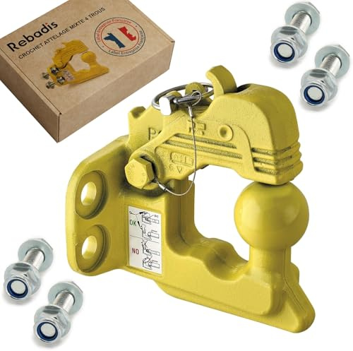 Rebadis Crochet Boule attelage 3500Kg Mixte 4 Trous Jaune, Chape D’attelage 3T5 Boule diam 50mm, entraxe perçage 90x40mm, pour Anneaux 68 ou 76 mm. Livré avec visserie